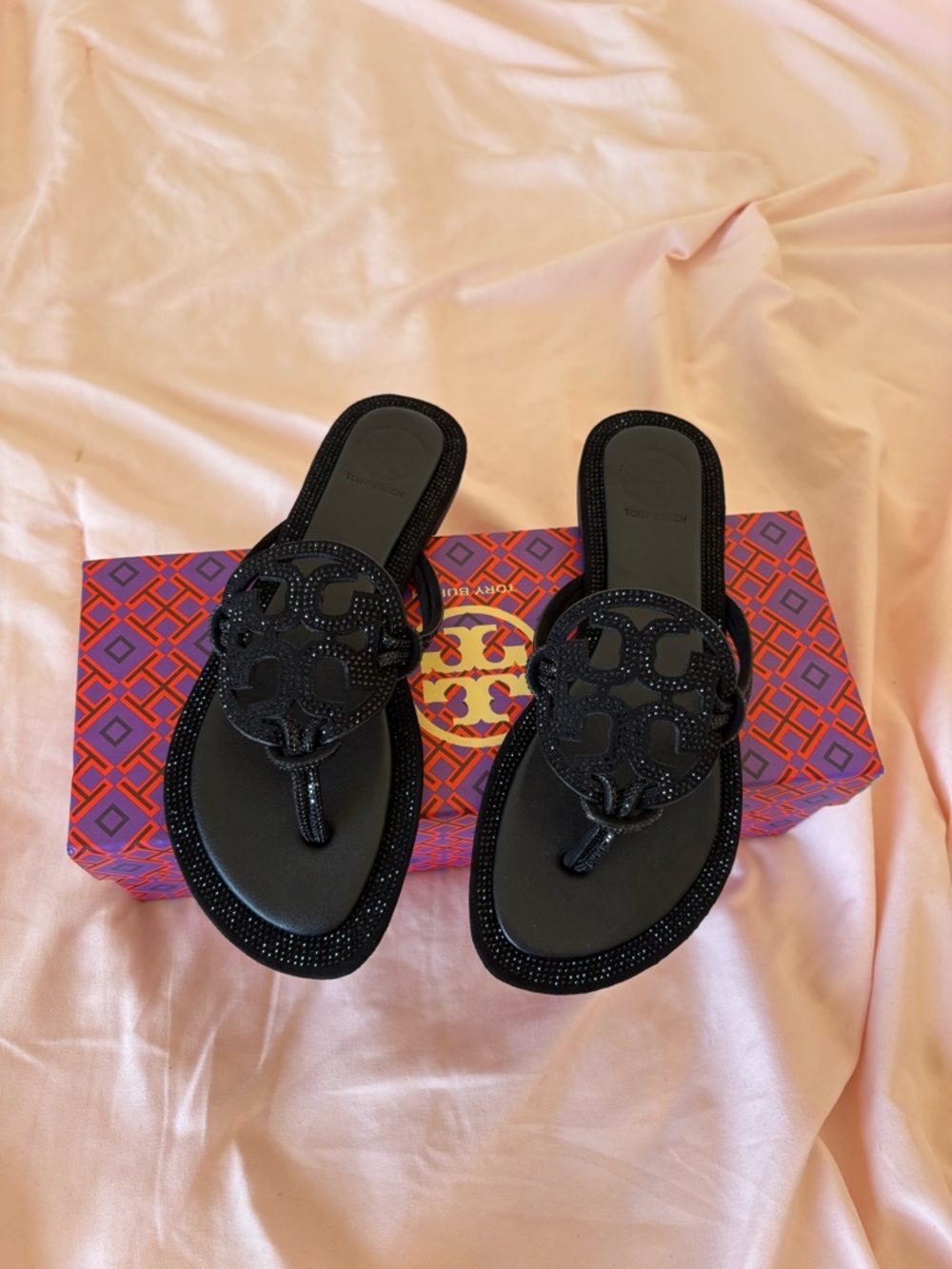 Tory Burch Black Miller Logo Crystal Thong Sandals